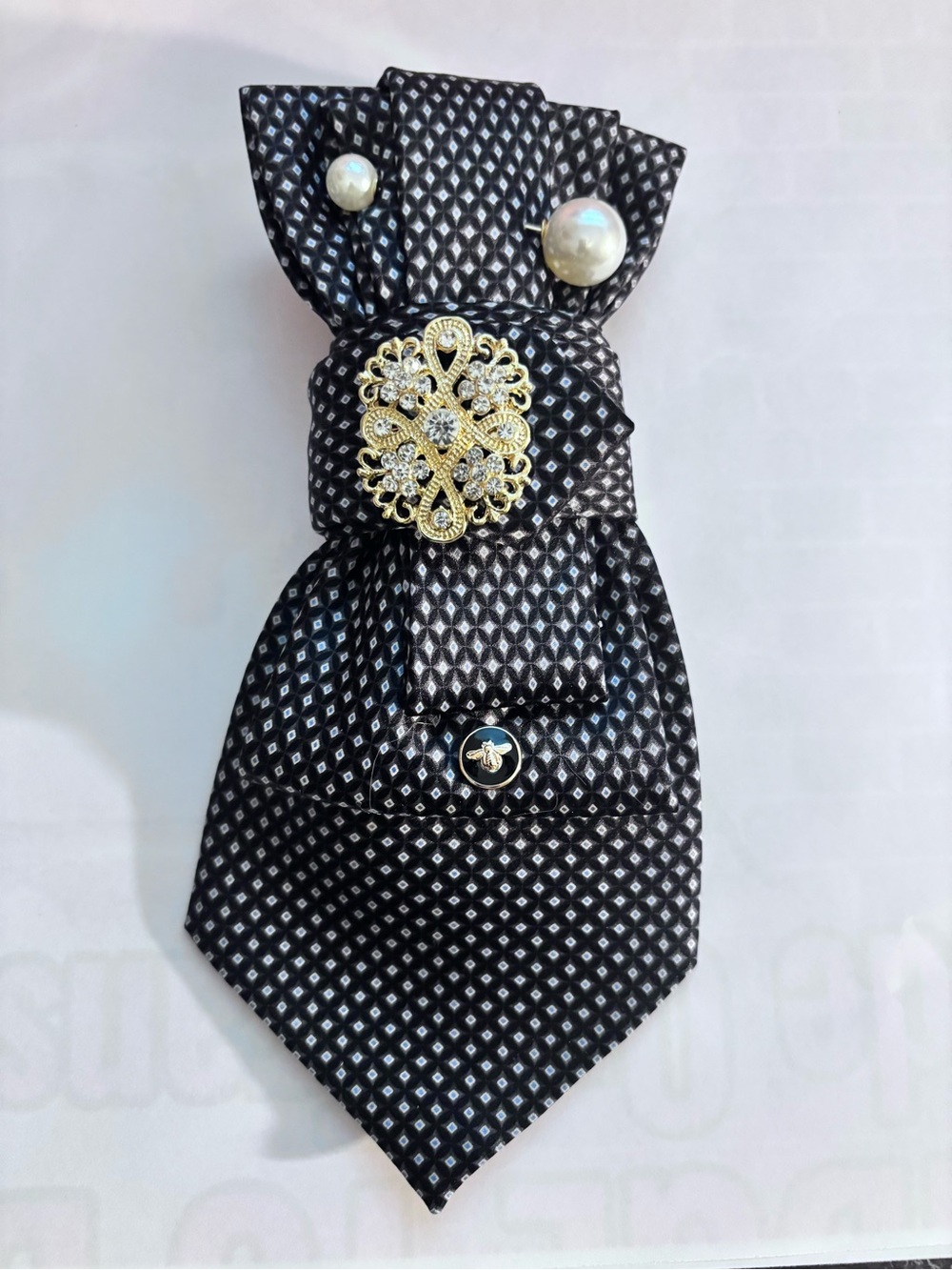 Black Patterned Women's Necktie Scarf with Gold Brooch